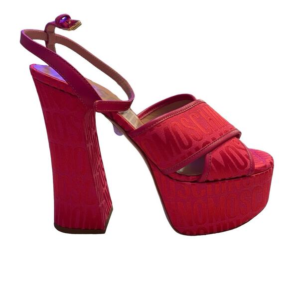 MOSCHINO Logo Jacquard Platform Sandals Canvas Party Statement Evening Sexy Sz 7 - Picture 3 of 13